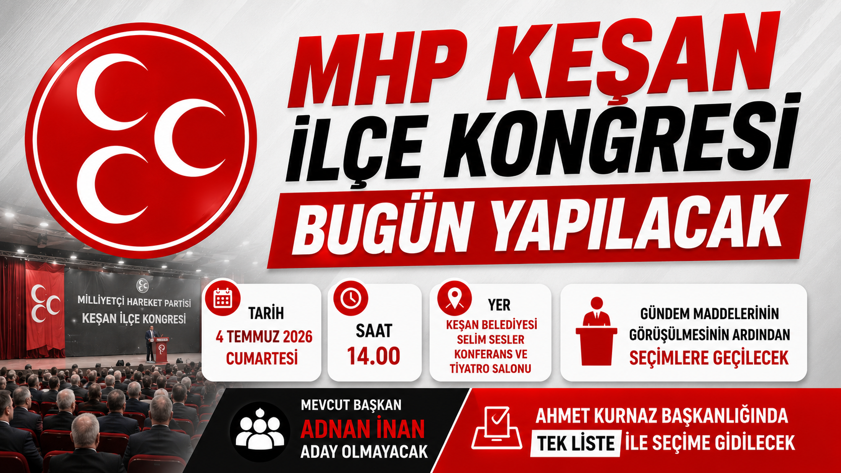 MHP Keşan İlçe Kongresi bugün yapılacak