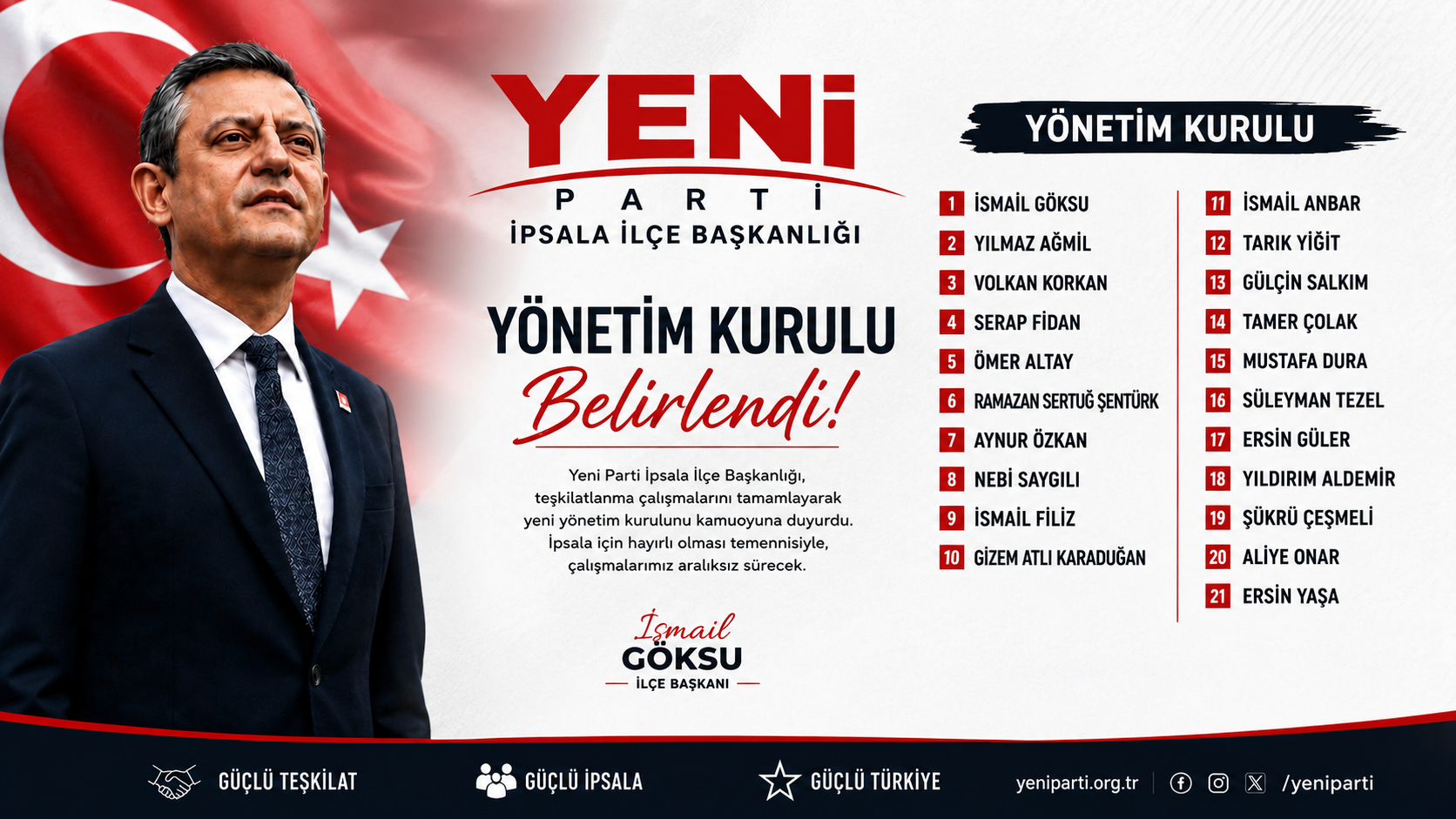 Yeni Parti İpsala İlçe Başkanlığı Yönetim Kurulu belirlendi