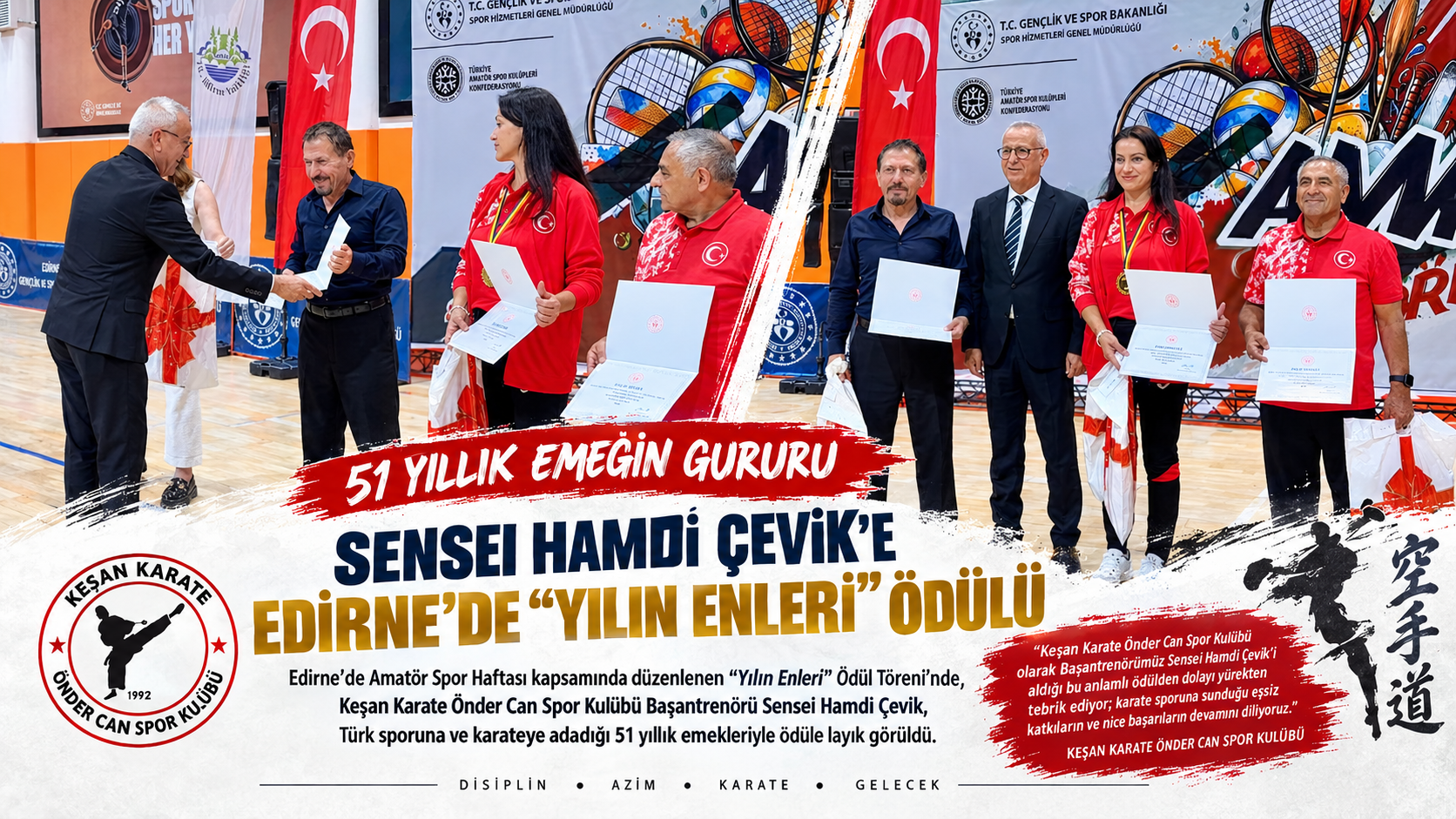 Sensei Hamdi Çevik’e Edirne’de “Yılın Enleri” ödülü