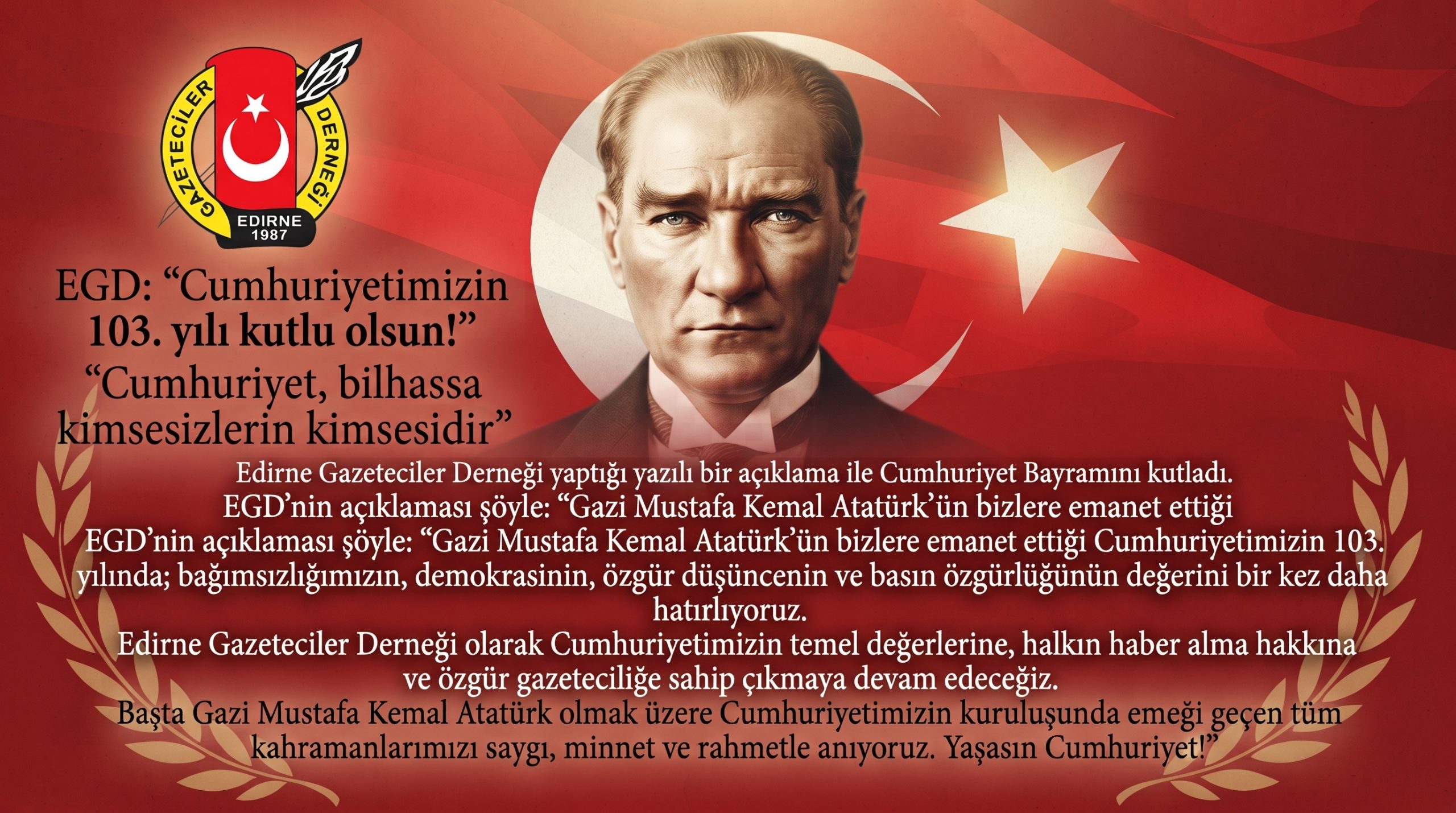 EGD: “Cumhuriyetimizin 103. yılı kutlu olsun!”